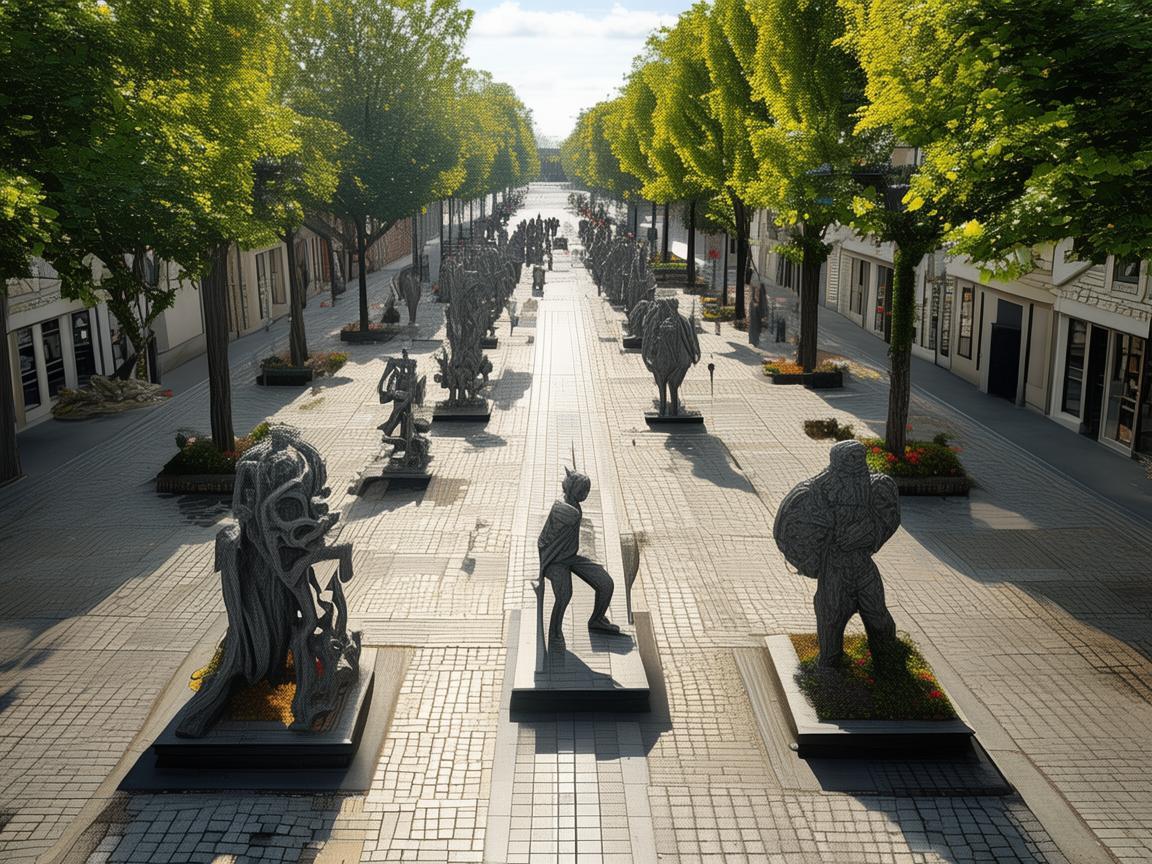 无人机视角下的步行街雕塑之美 无人机视角下的步行街雕塑之美