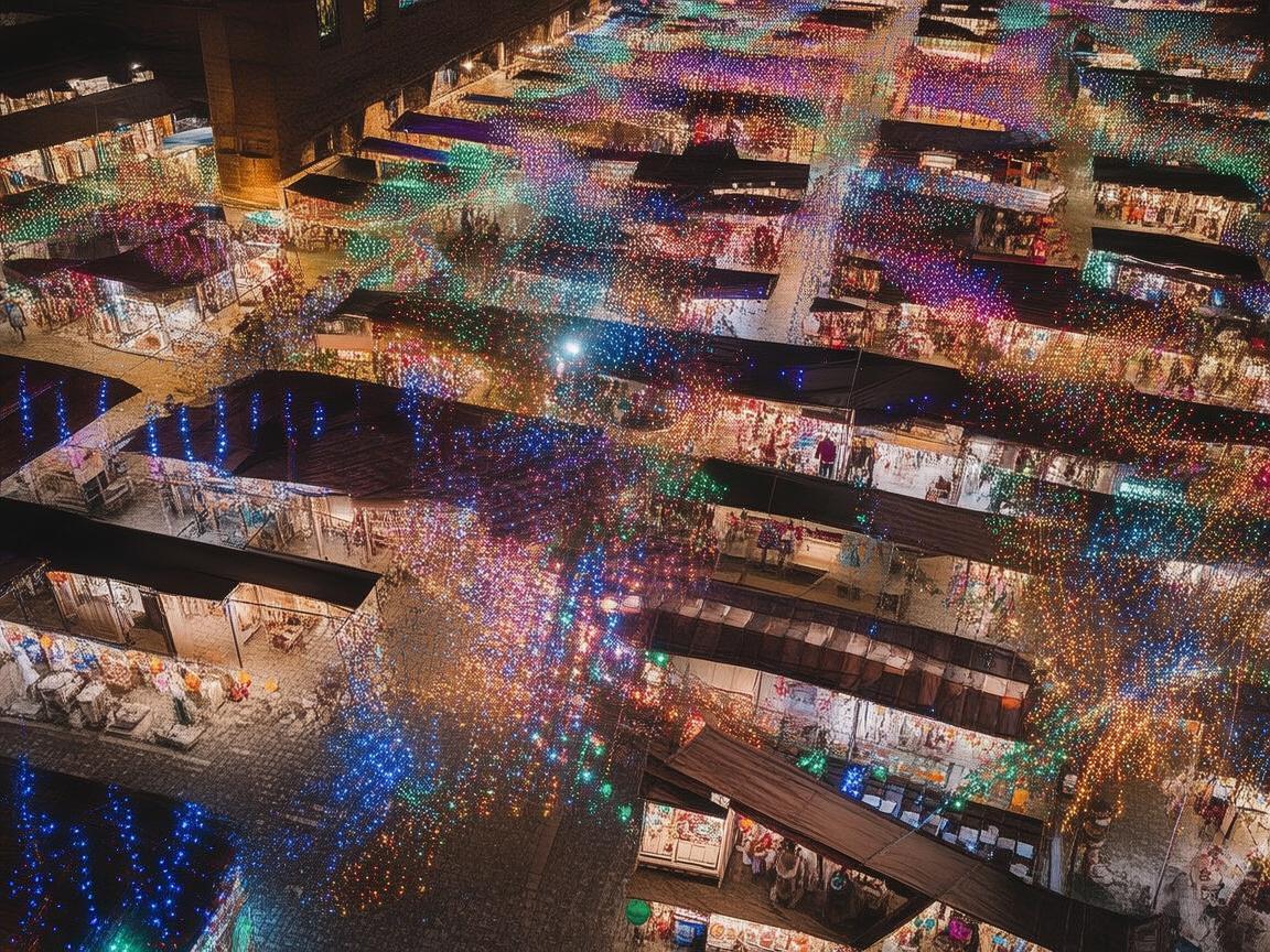 无人机视角下的夜市灯光秀盛宴